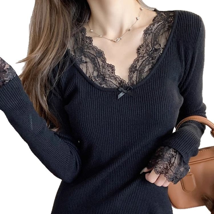 Lace Panel V Neck Long Sleeve Top for Women Soft Warm Fabric Autumn Casual Wear fast shipping