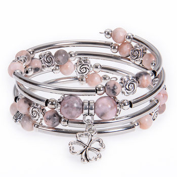 Amazon New Natural Pink Zebra Stone Winding Bracelet Multi-Circle Layered Natural Stone Beaded Flower Pendant Bracelet