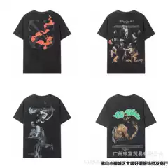 New Streetwear OFF OW Oil Painting Portrait Print Distressed Washed Unisex Short Sleeve T-Shirt Wholesale