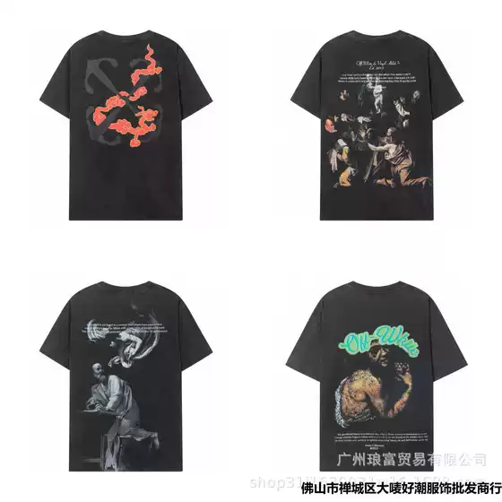 New Streetwear OFF OW Oil Painting Portrait Print Distressed Washed Unisex Short Sleeve T-Shirt Wholesale