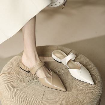 2025 New Summer Pointed Toe Low Heel Sandals Women's Mule Shoes Outer Wear Flat Lazy Toe Half Slippers
