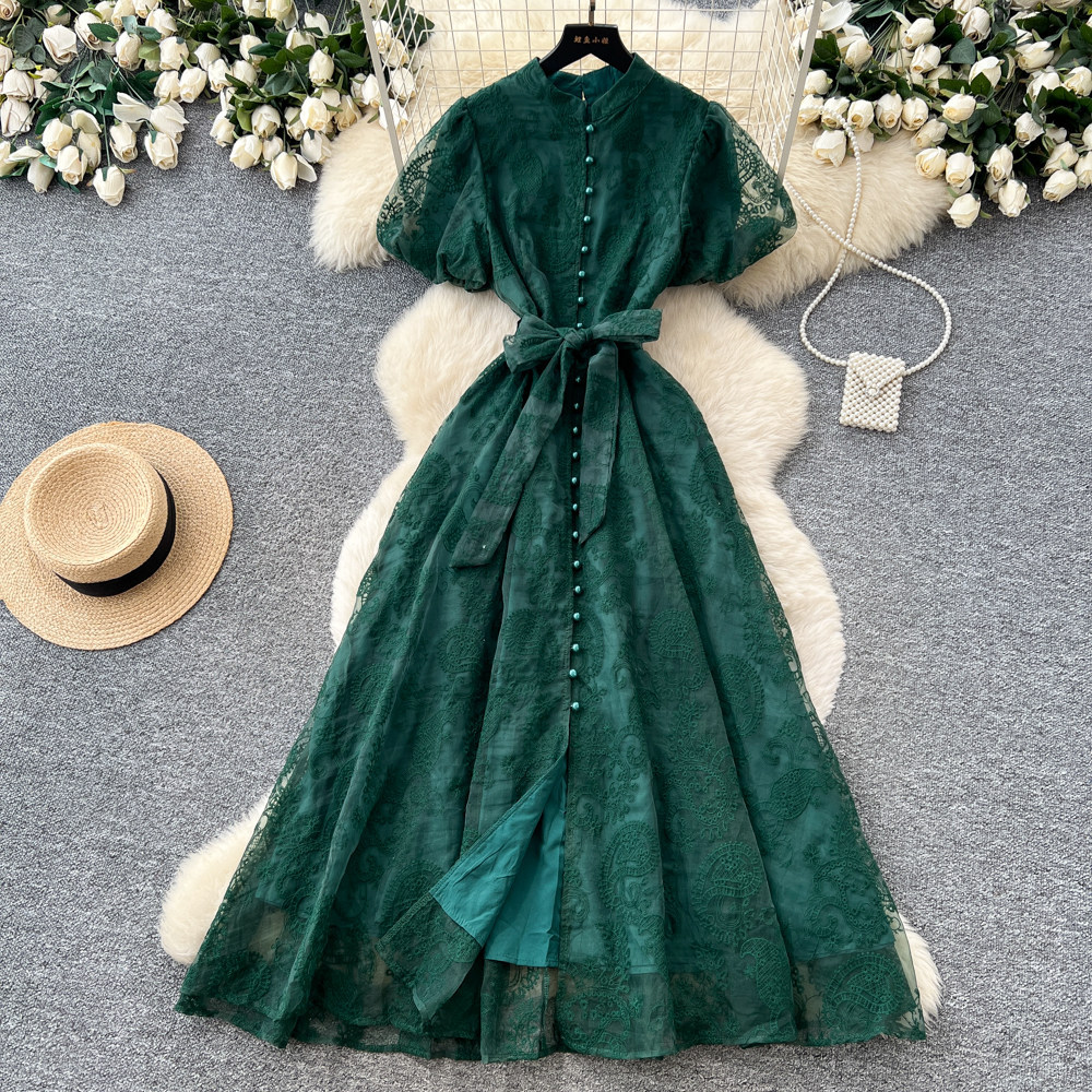 Elegant Lace Embroidered Dress High Waist A Line Silhouette Summer Style Perfect for Office and Formal Events