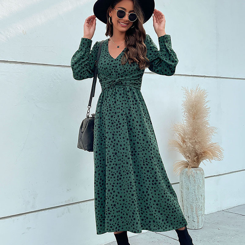 Long Sleeve Leopard Print Maxi Dress Green Color Trendy Design Autumn Fashion Wholesale Available