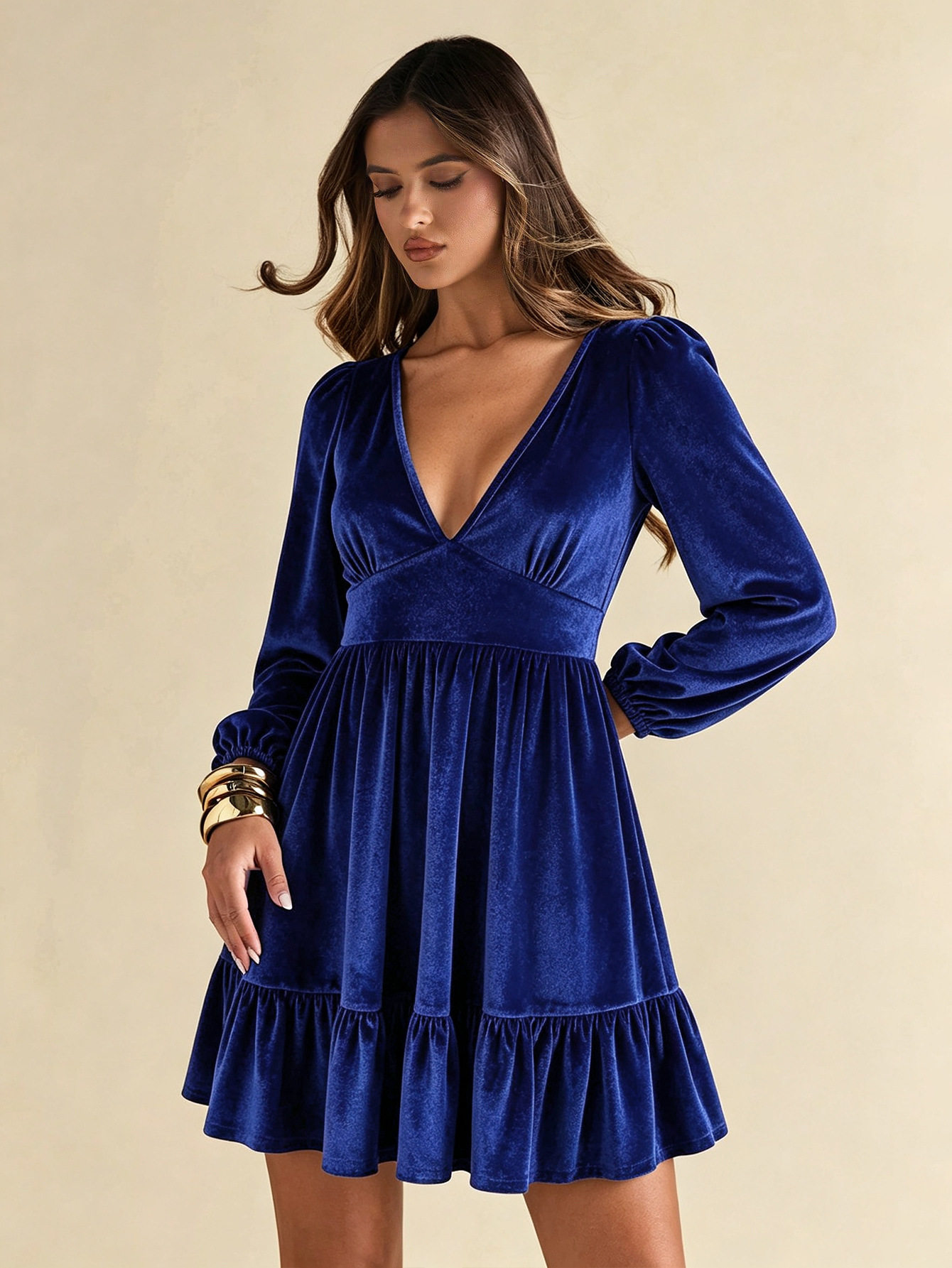 Velvet Long Sleeve Dress for Women V Neck Slim Fit Ruffled Hem Elegant Evening Wear Wholesale Available