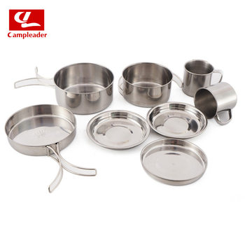 Outdoor Stainless Steel 8-Piece Set Pot Mountaineering Camping Portable Set Bowl BBQ Pot 5-6 Folding Combination Set