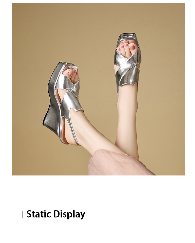Sandal nữ gót dốc hở mũi da bò phối quai ngang tôn dáng — Màu bạc, Màu vàng