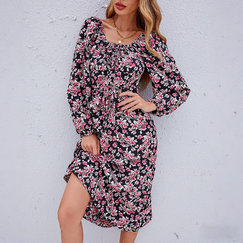 Vintage Floral Puff Sleeve Backless Dress Square Neck Autumn Collection Elegant Style Wholesale Available