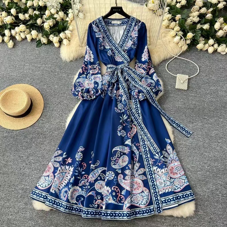 Vintage Floral Print Maxi Dress Cross V Neck Waist Tie Lantern Sleeves Spring Fashion for Women Wholesale Available