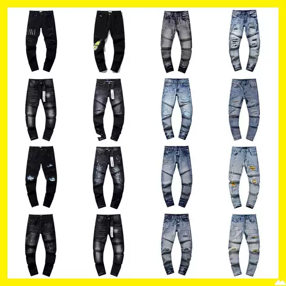 Cross-Border Wholesale Purple American High Street Ripped Patch Trendy Retro Straight-Leg Am1Ri Jeans Brand