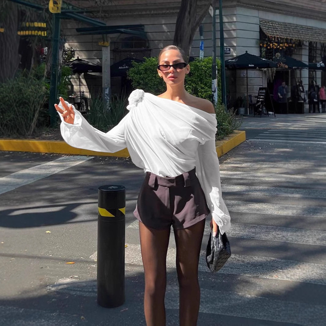 Womens Long Sleeve T Shirt Sheer Mesh Floral Decoration Asymmetrical Shoulder Trendy Street Style Wholesale