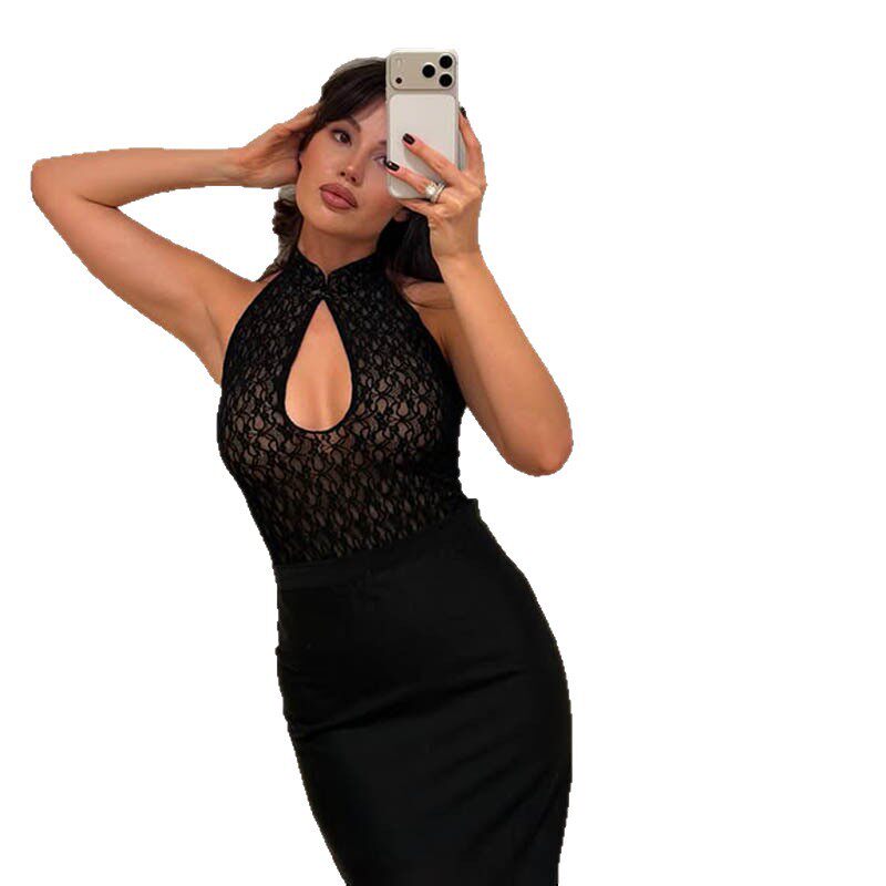 Sleeveless Lace Panel Maxi Dress Sheer Figure Hugging Solid Color Spring Summer Fashion for Parties Wholesale