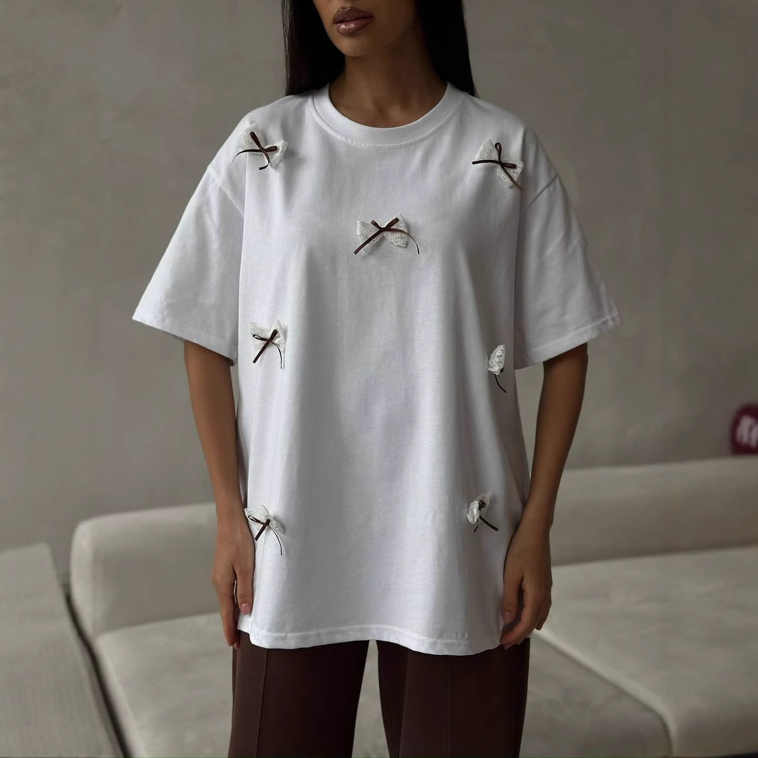 Womens Short Sleeve T Shirt Sweet Bow Design Loose Fit Round Neck Cotton Fabric Spring Summer Casual Wear