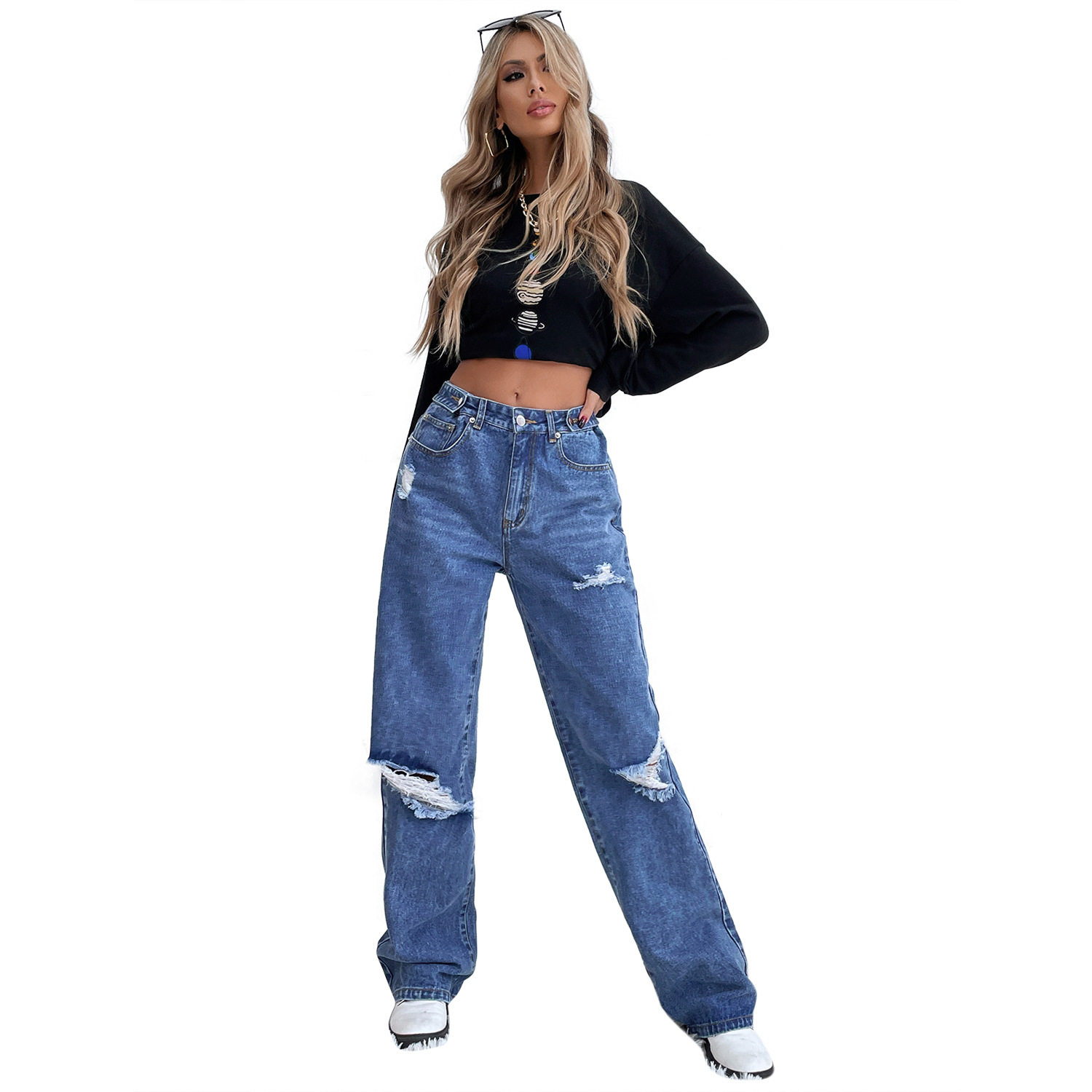 High Waisted Wide Leg Distressed Denim Jeans Trendy Loose Fit Casual Style Perfect for Everyday Wear Wholesale