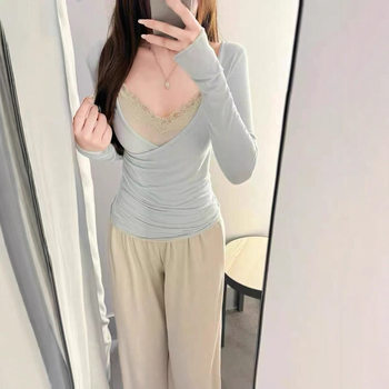 Pure Lust Sexy Suit Blue V-Neck Long-Sleeved T-Shirt Women's Autum Camisole Slim Fit Layered Top Two-Piece Set