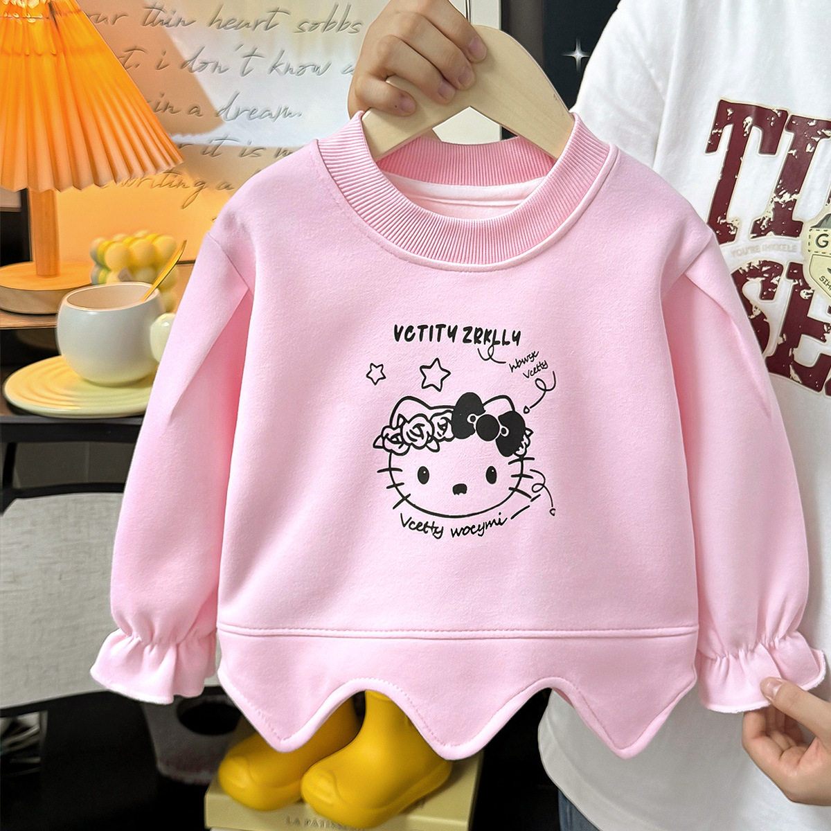 Girls' Autumn Crew Neck Hoodie, Wave Hem Solid Color Pullover, Spring & Autumn Casual Hoodie