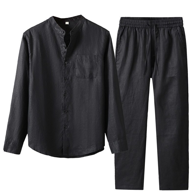 套装亚麻长袖衬衫男中国风休闲纯麻口袋宽松开衫长裤麻料外穿