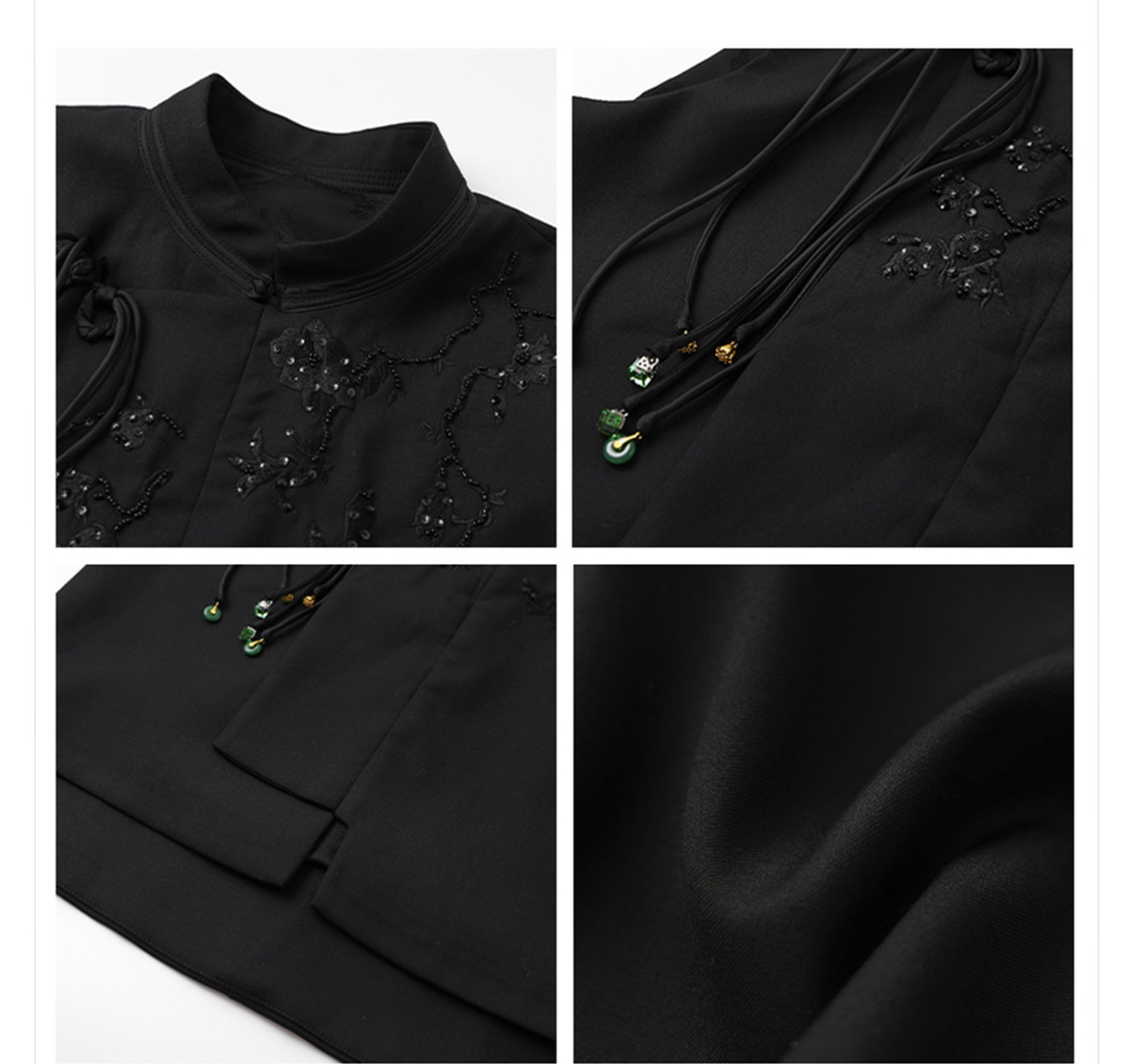 Áo vest nữ cổ đứng thêu nổi cài khuy phong cách thanh lịch — Ngọc Bích Đen (Giao Hàng Ngay), Trắng tuyết satin (tóc làm trong ngày)