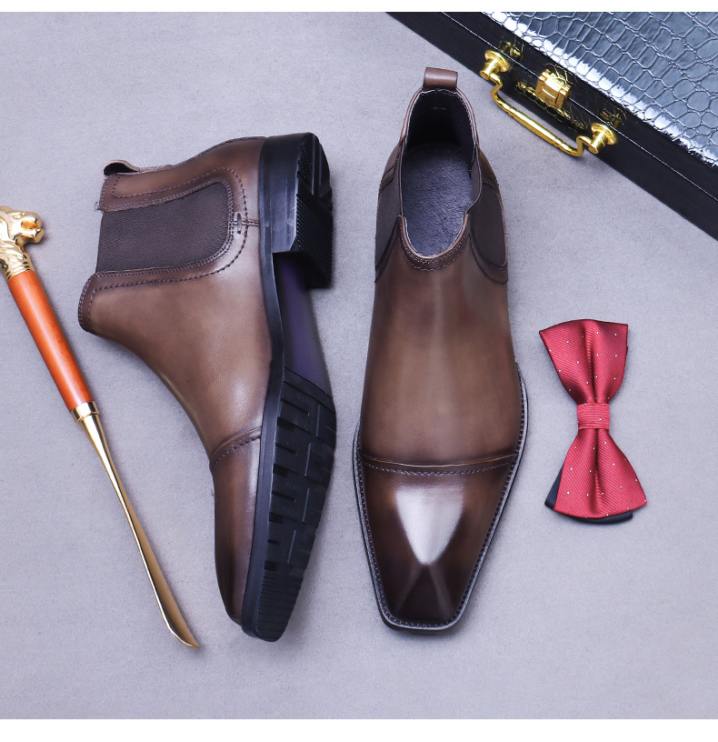 Giày boot nam da bò thật cổ thấp kiểu Chelsea đế cao su — Màu đen, Màu cà phê