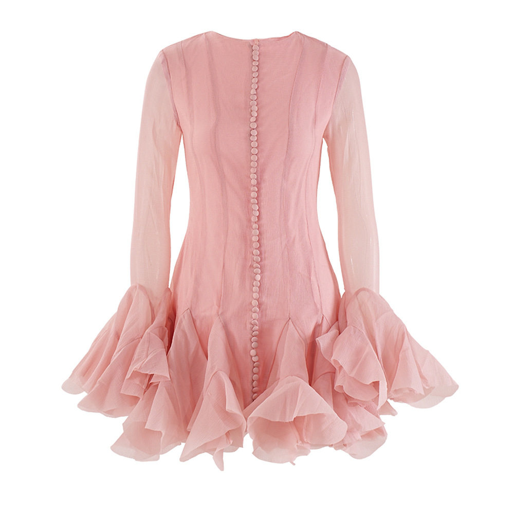 Đầm maxi nữ thắt eo tay dài cổ tròn chất liệu polyester — Đen, Hồng, Đỏ chi tiết 7