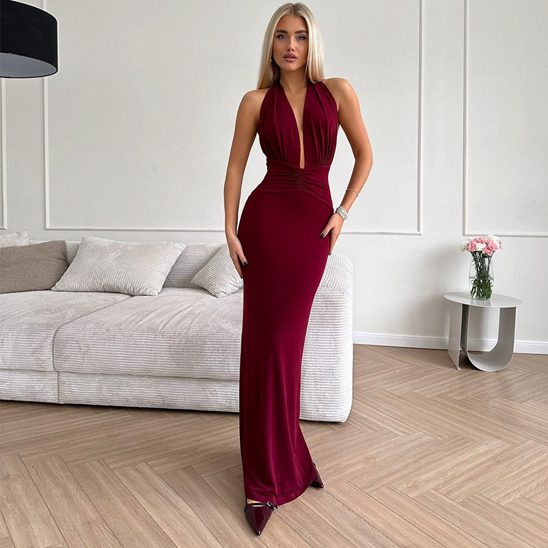 Elegant Womens V Neck Halter Backless Dress Ruffled High Waist Solid Color Perfect for Parties and Special Occasions