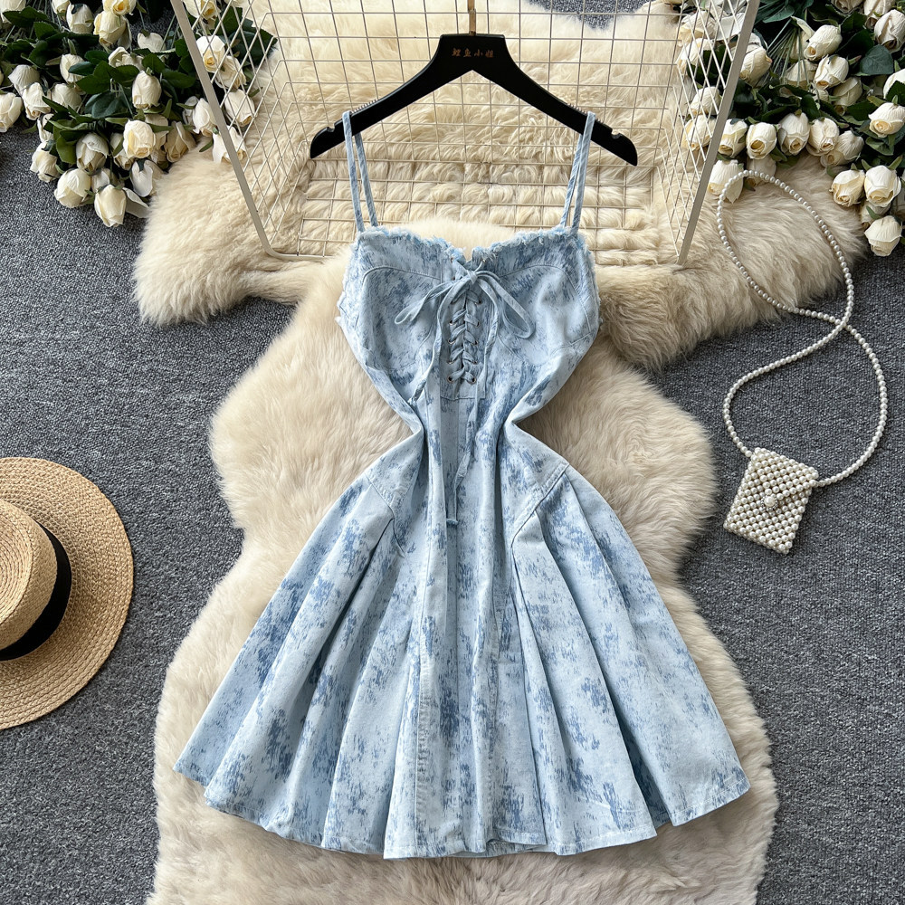 A Line Denim Dress Sweetheart Style Adjustable Waist Tie Summer Fashion Perfect for Casual Outings Wholesale