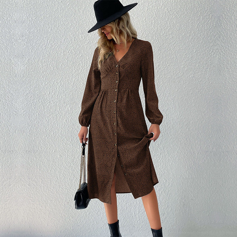 Fashionable Womens Long Sleeve Dress V Neck Single Breasted Elegant Design Autumn Wear Wholesale Available