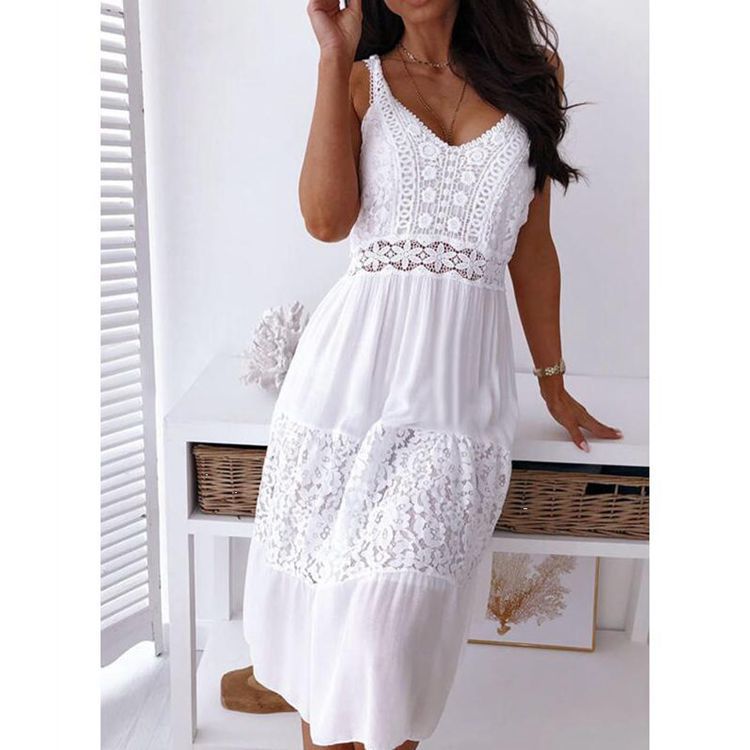 Lace Panel Spaghetti Strap Beach Dress for Women Elegant White Summer Style Available in Multiple Sizes Wholesale