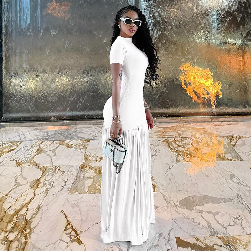Elegant Womens Midi Dress Round Neck Short Sleeve Bodycon Fit Pleated Color Block Casual or Evening Wear
