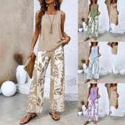 2025 Foreign Trade Cross-border New Women's Casual Square Collar Pullover Vest Plus Trousers Digital Printing Women's Two Pieces