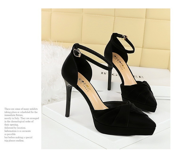 Sandal cao gót nữ mũi nhọn quai ngang đính nơ, đế xuồng 1.5cm, gót mảnh 10.5cm — Màu đen, Màu trắng be