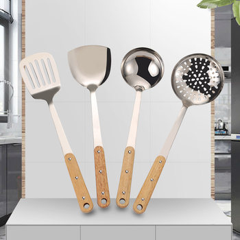 Source manufacturers stainless steel kitchenware solid wood handle three nails reinforced spatula soup spoon frying shovel colander cooking utensils