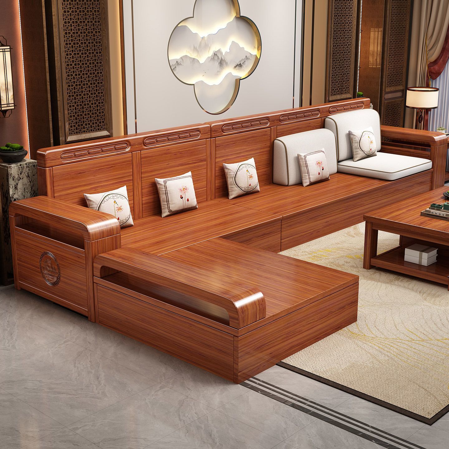 新中式金丝胡桃木实木沙发组合客厅经济型小户型冬夏两用储物家具