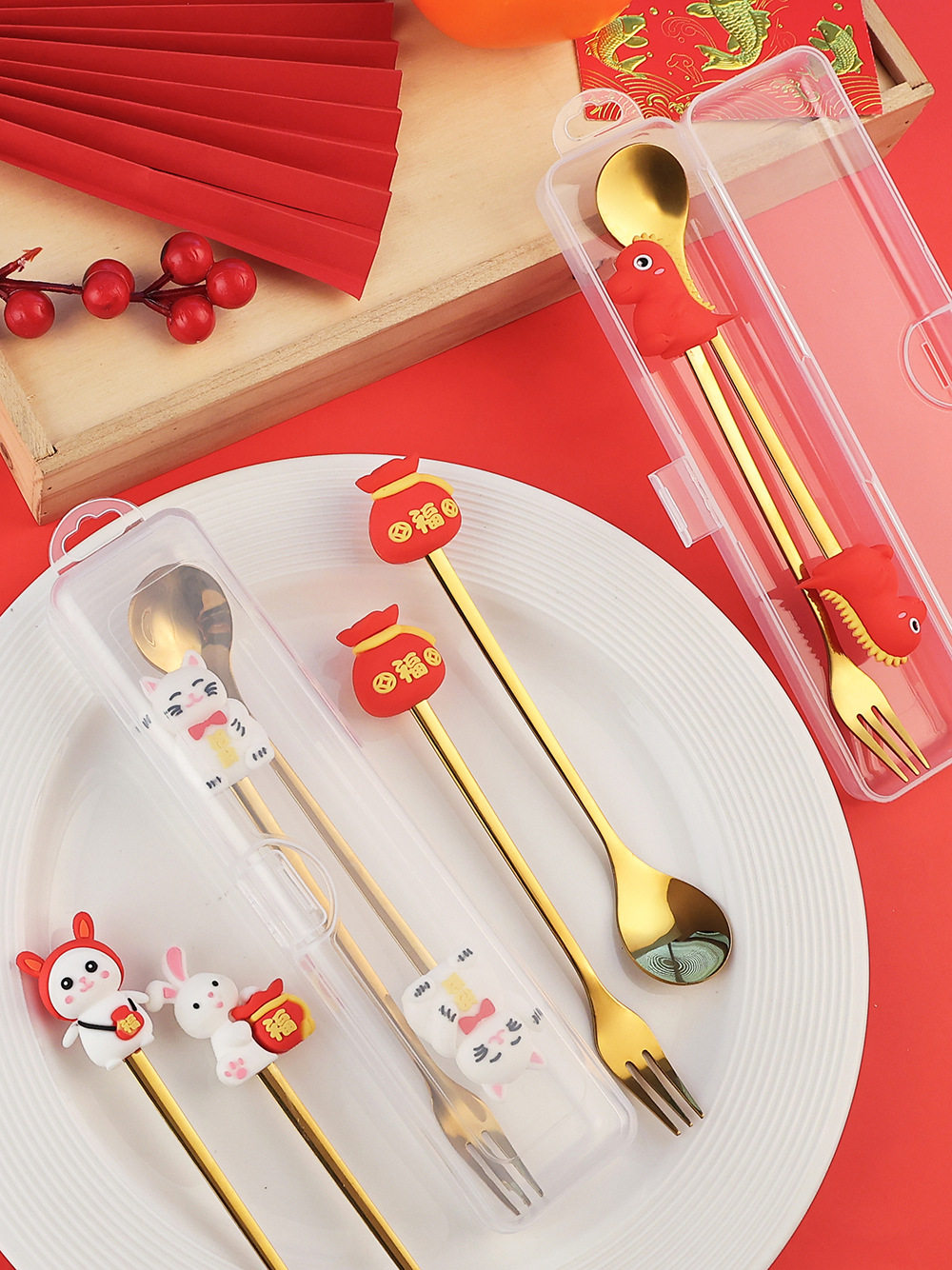 不锈钢新年勺子 龙年喜庆挂坠勺叉 创意春节礼盒咖啡勺水果叉礼物,淘宝优惠券,粉丝福利购,淘宝优惠卷