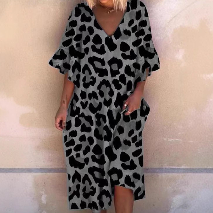 Leopard Print V Neck Ruffle Sleeve Plus Size Dress for Women Casual Summer Wear low MOQ