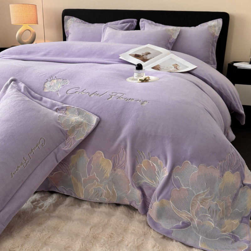 New Milk Velvet Embroider Technology Warm Winter Thickened Four-Piece Bedding Set Student Dormitory Three-Piece Set