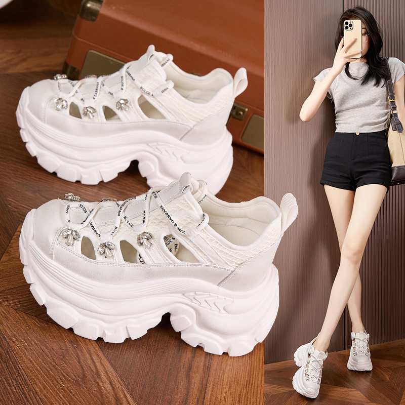 Giày sneaker nữ đế dày chunky phong cách thể thao đa năng, gót 8 cm — Xám, Trắng
