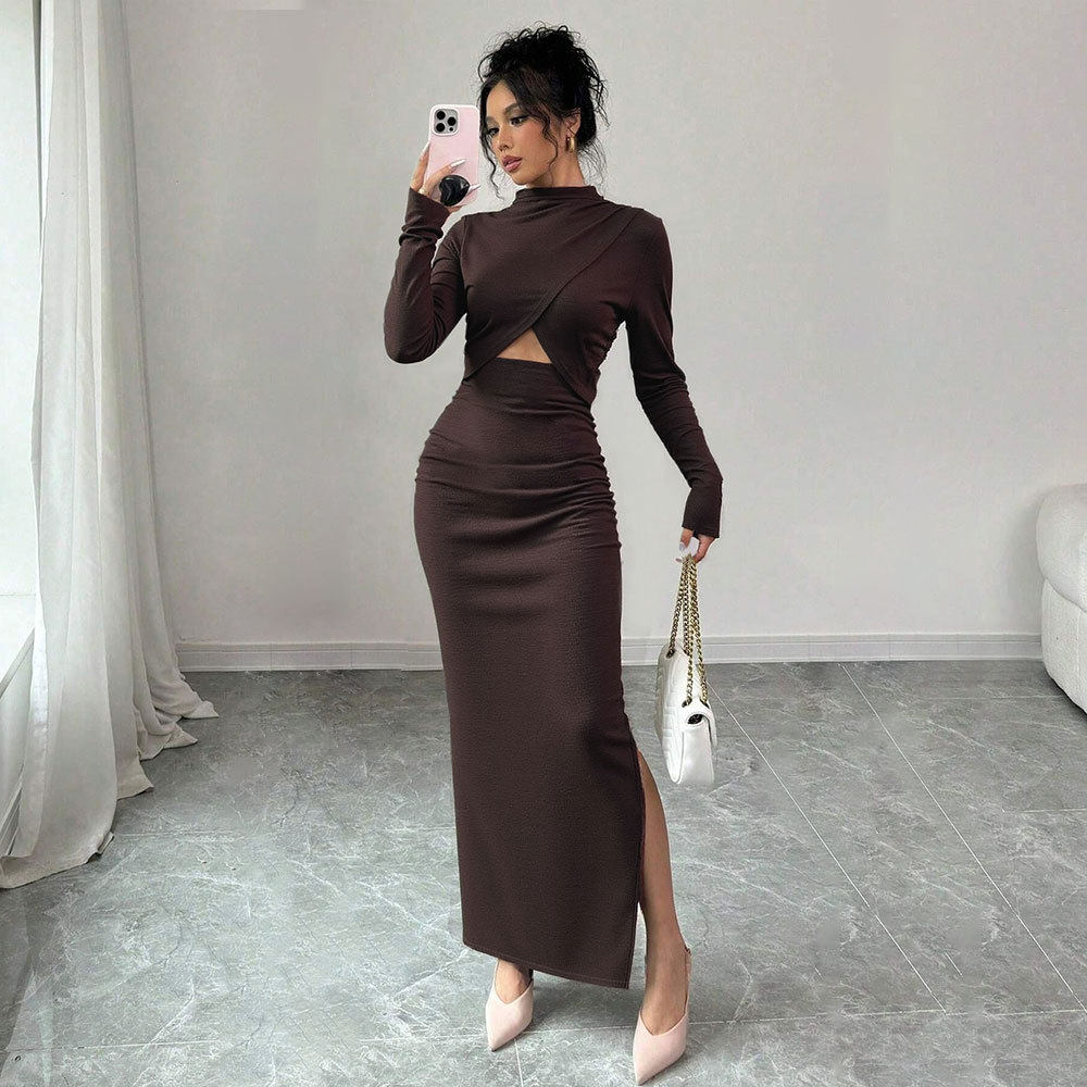Elegant Long Sleeve Bodycon Dress Sexy Side Slit Waist Cutout Mid Length Spring Summer Fashion Wholesale Available