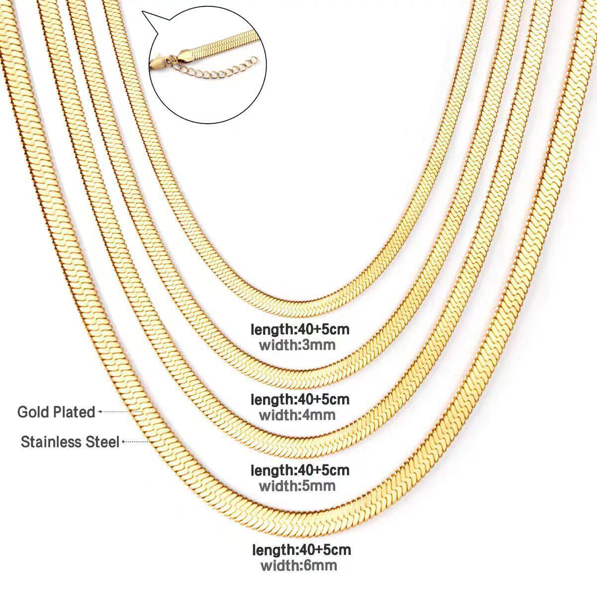 Cross-border European and American titanium steel blade chain flat snake bone chain hip hop stainless steel vacuum gold plated men's necklace clavicle chain