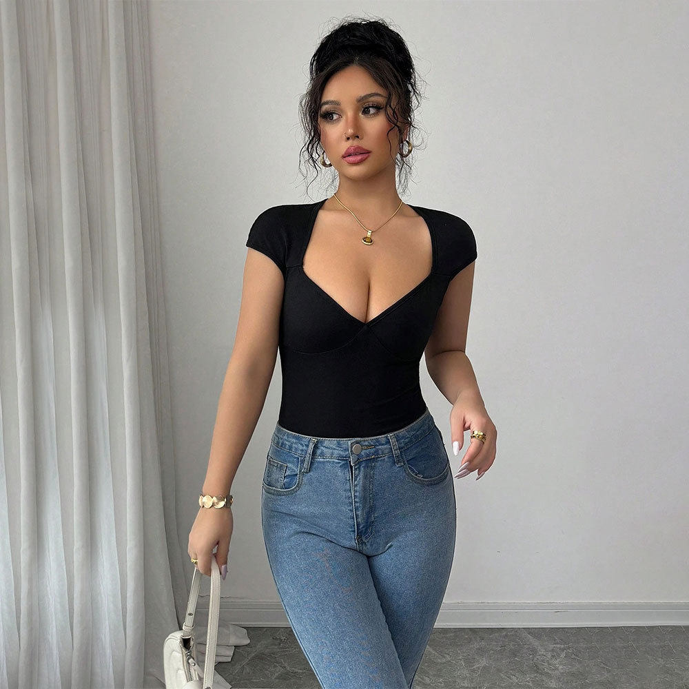 Summer Womens Short Sleeve T Shirt Slim Fit Heart Neckline Solid Color Polyester Fabric Casual Wear Wholesale