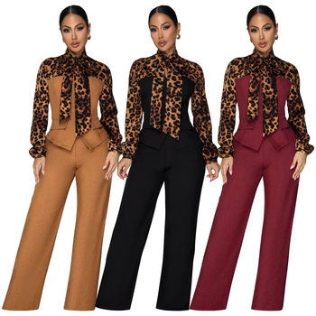 934 Cross-Border Exclusive Amazon Autumn Popular European and American Fashion Women's Leopard Print Tie Shirt Casual Set