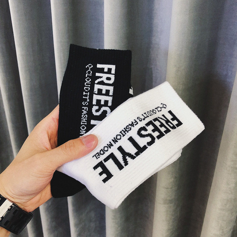 Spring and Autumn Pure Cotton Letter Odor-Resistant Sweat-Absorbing Men's Trendy Socks Zhujie All-Cotton Versatile Fashion Mid-Tube Socks Men Wholesale