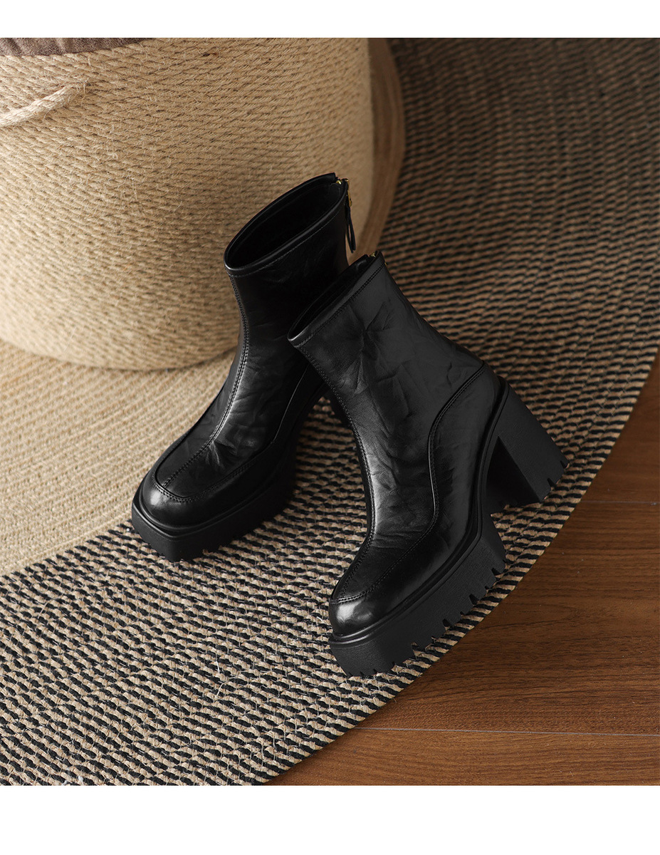Boot nữ da bò mũi vuông gót thô 8cm đế cao su chống trượt — Lớp lót đơn màu đen, Lớp lót đơn màu nâu, Lót nhung đen, Lót nhung màu nâu