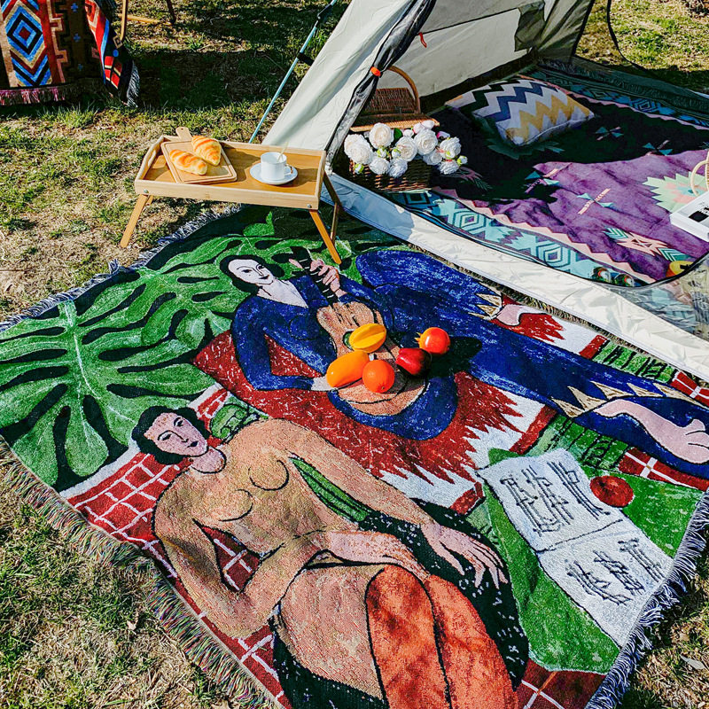 Cross-Border Export Camping Style Blanket Moisture-Proof Picnic Mat Jacquard Tapestry Ins Style Sofa Towel Thread Blanket Multi-Functional Sofa Blanket