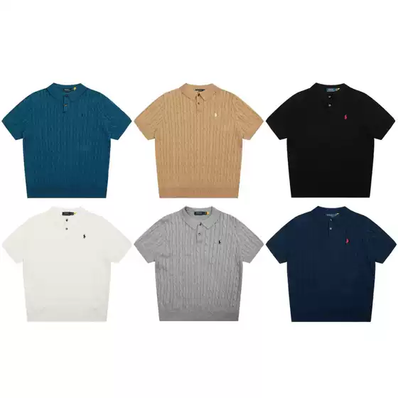 Ralph Lauren Polo Pony Embroidery Two-Button Cable Knit Cotton Short-Sleeve Polo Shirt for Men