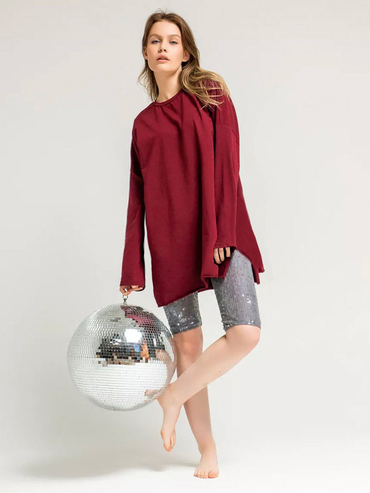 Womens Long Sleeve T Shirt Loose Fit Cotton Fabric Split Hem Casual Spring and Autumn Wear Wholesale Available