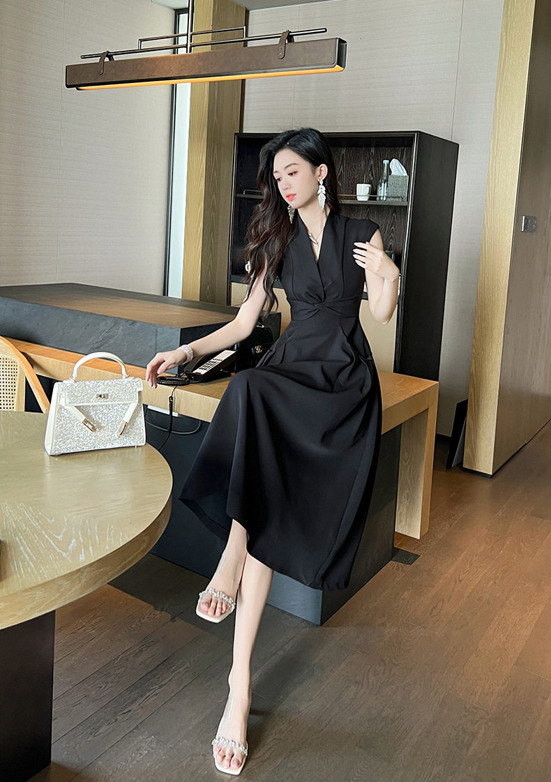 Đầm maxi nữ thắt eo cổ V tay ngắn có túi — [Đen] chi tiết 7