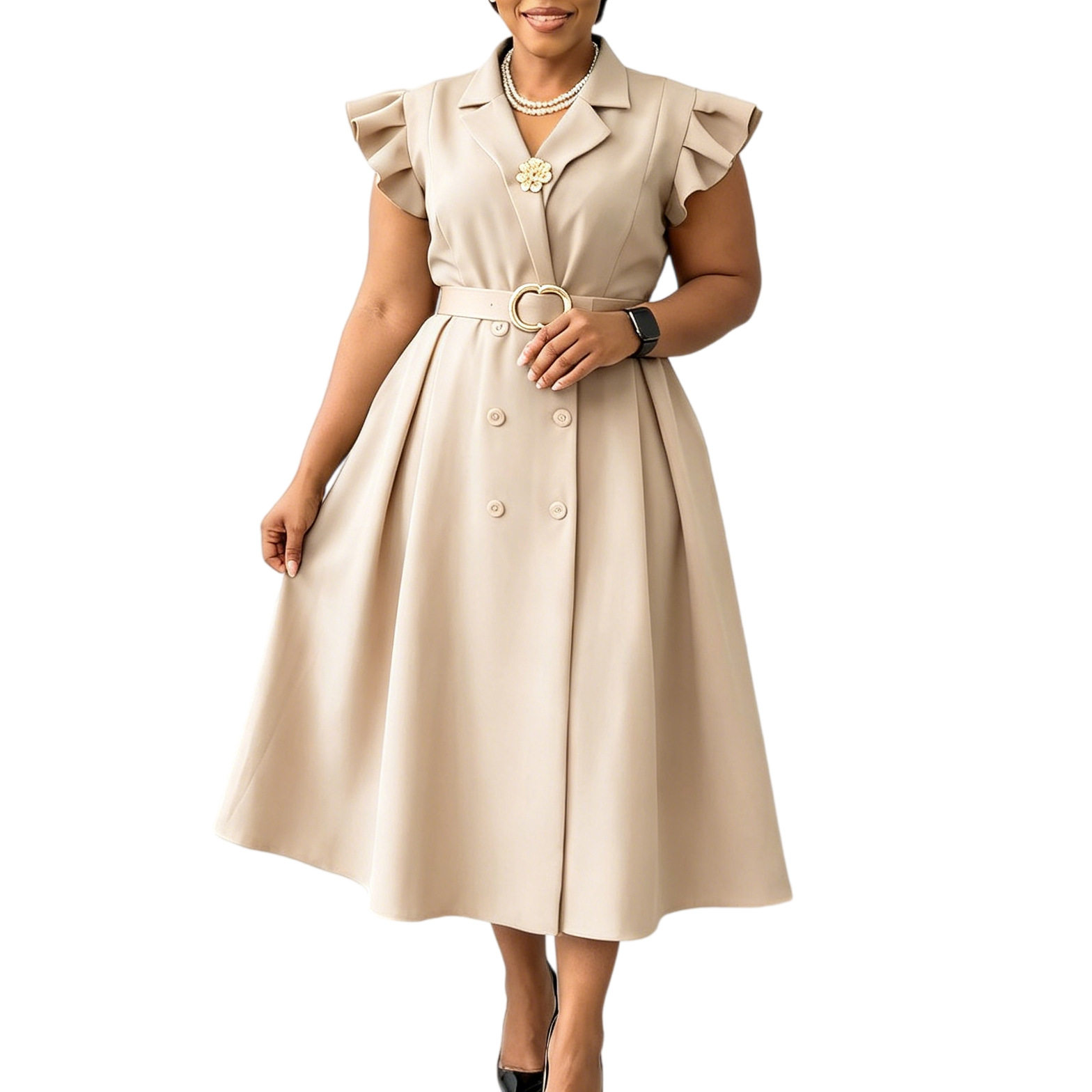 Elegant Double Breasted African Print Dress Mid Length Suit Collar Summer Style Wholesale Available