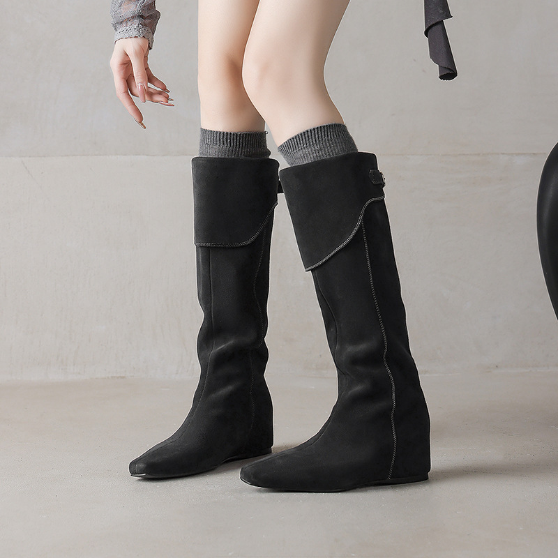 Boot nữ cổ cao da lộn mũi vuông đế xuồng tôn chiều cao — Màu nâu, xanh xám