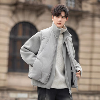 Trendy Brand 2025 Winter New Stand Collar Patchwork down Jacket Men's Coat White Duck down Korean Style Thickened Top