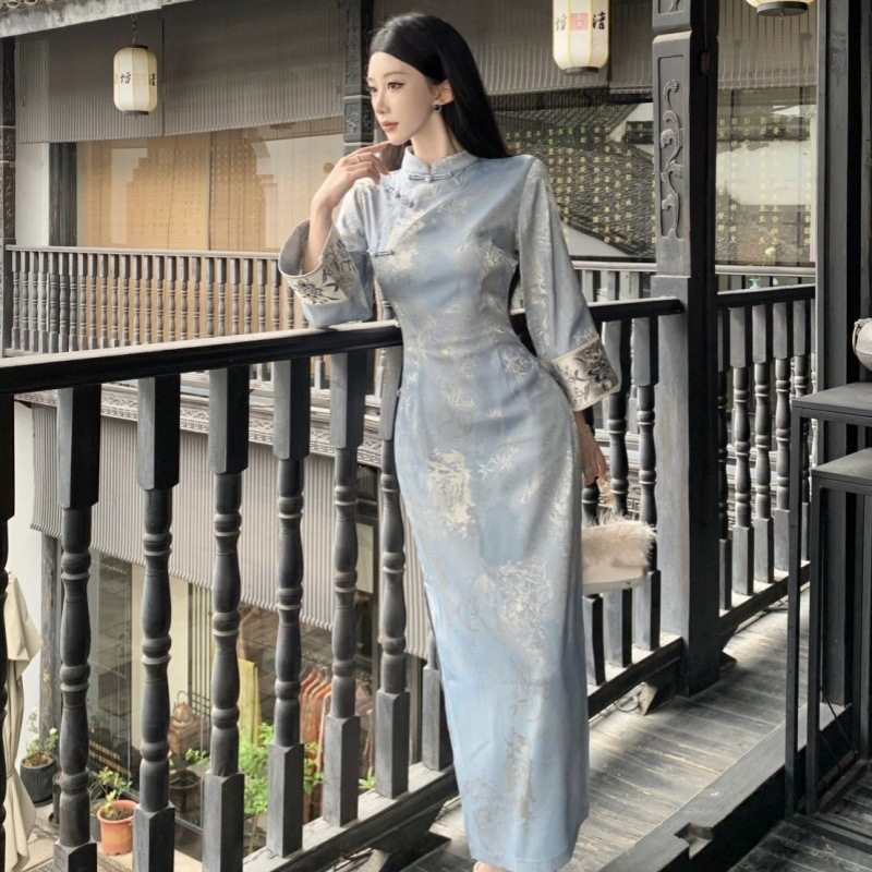 New Chinese-Style Blue Printed Slim-Fit Inverted Large-Sleeve Improved Gentle Cheongsam Autumn Retro Bamboo Leaf National Style Stand-Collar Dress